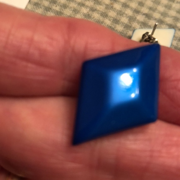 Vintage Royal Blue Glossy Beveled Diamond Shape Stud  Pierced Earrings - #432 - Picture 6 of 7